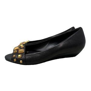 BCBGMaxAzria Studded Peep Toe Wedge Sandal Womens 6 Black Leather Boho